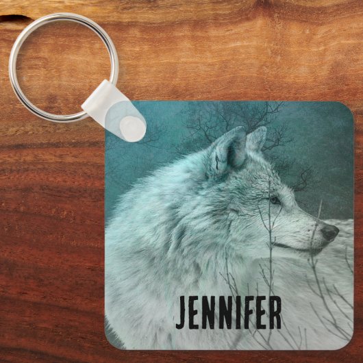Schöner grauer Wolf in einem dunklen Wald Schlüsselanhänger (Vorderseite)