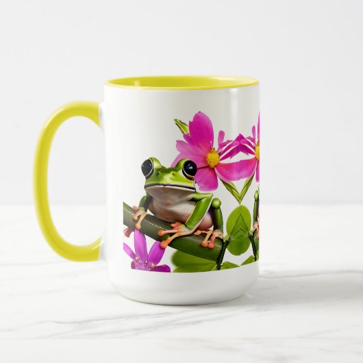 Schöner, grüner Frosch umgeben von rosa Blume Tasse (Links)