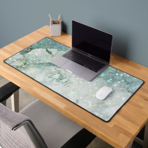 Schöner grüner Marmor und Glitzer Mit Monogramm Schreibtischunterlage