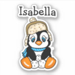Schöner handgezogener Pinguin mit Schneebällen Aufkleber<br><div class="desc">A cute funny hand drawn cartoon penguin with snowballs and snowflakes background. Personalized name stickers.</div>