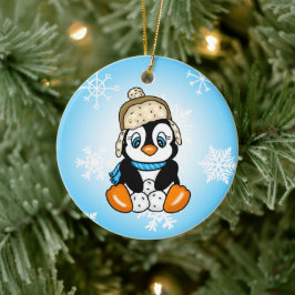 Schöner handgezogener Pinguin mit Schneebällen Keramik Ornament