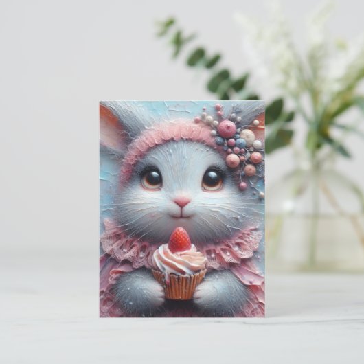 Schöner Hasen mit Erdbeere Cupcake Postkarte (Stehend Vorderseite)