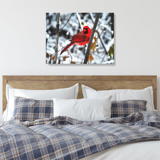 Schöner, hellroter Kardinal im Schnee Leinwanddruck (Insitu (Schlafzimmer))