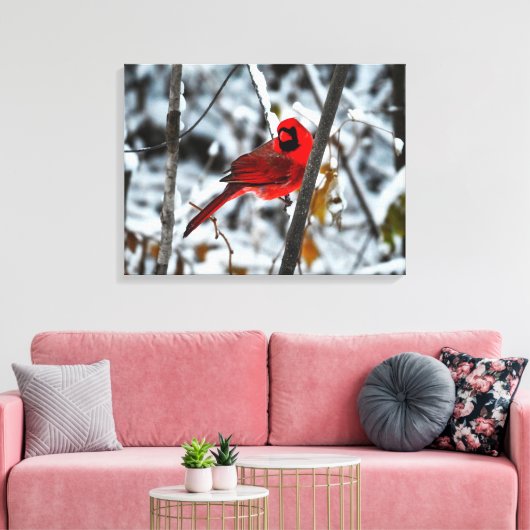 Schöner, hellroter Kardinal im Schnee Leinwanddruck (Insitu (Wohnzimmer))