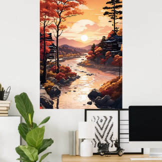 Schöner Herbstsonnenuntergang am Fluss Poster