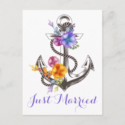 Schöner Hochzeitsanker Lila nur verheiratet Strand Ankündigungspostkarte (Vorderseite)