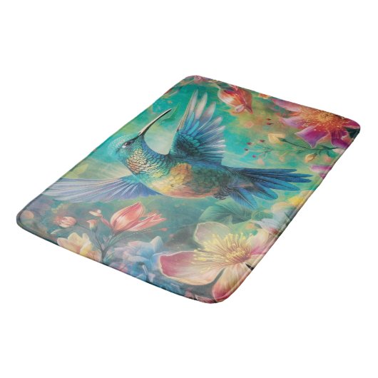 Schöner Hummingbird umgeben von Blume Badematte (Schrägansicht)