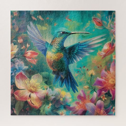 Schöner Hummingbird umgeben von Blume Puzzle (Vertikal)