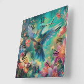Schöner Hummingbird umgeben von Blume Quadratische Wanduhr (Winkel)