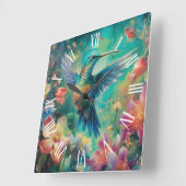 Schöner Hummingbird umgeben von Blume Quadratische Wanduhr (Winkel)