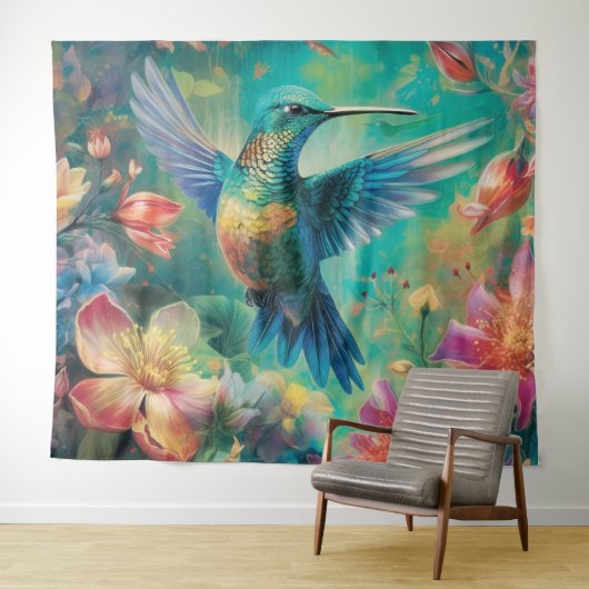 Schöner Hummingbird umgeben von Blume Wandteppich (Beispiel (Horizontal))