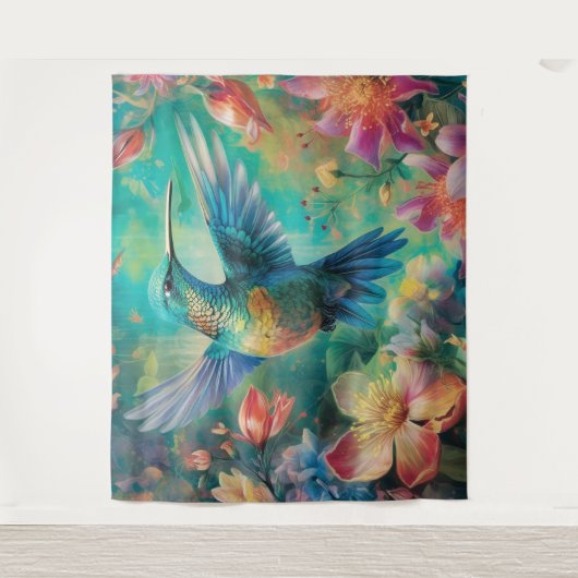 Schöner Hummingbird umgeben von Blume Wandteppich (Vorderseite)
