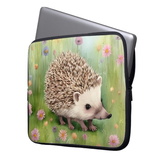 Schöner Igel mit Blume Laptopschutzhülle (Vorderseite Links)