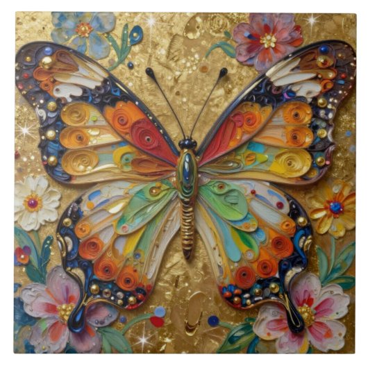 Schöner Impasto-Schmetterling und Blumen Fliese (Vorderseite)