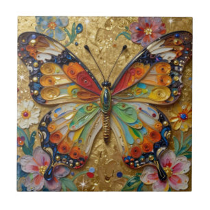 Schöner Impasto-Schmetterling und Blumen   Fliese