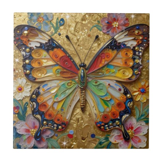 Schöner Impasto-Schmetterling und Blumen Fliese (Vorderseite)