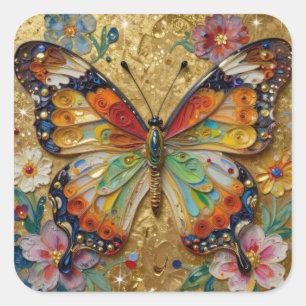 Schöner Impasto-Schmetterling und Blumen Quadratischer Aufkleber
