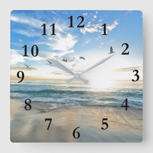 Schöner karibischer Tropenstrand und Vögel Quadratische Wanduhr (Vorderseite)