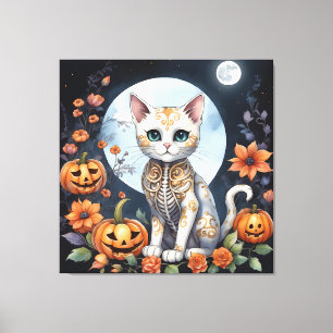Schöner KatzenHalloween-Blumenmoon - Whimsikal Leinwanddruck