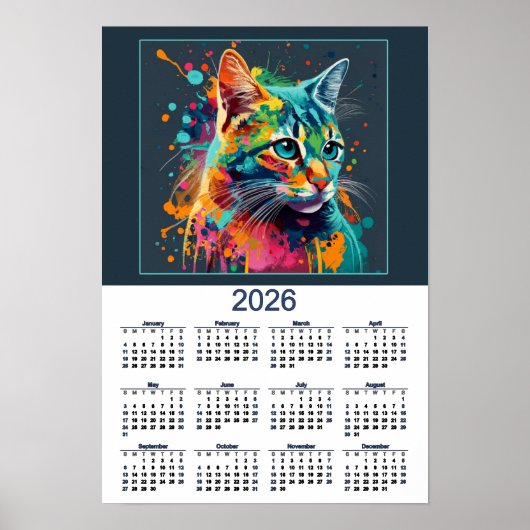 Schöner Katzenkalender Wasserfarben Katze Poster (Vorne)