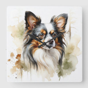 SCHÖNER KLEINER TRI-FARBENER PAPILLON-HUND QUADRATISCHE WANDUHR