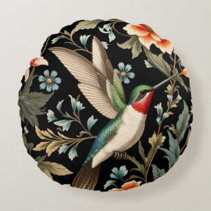 Schöner Kolibri auf dunklem floralem Hintergrund Rundes Kissen