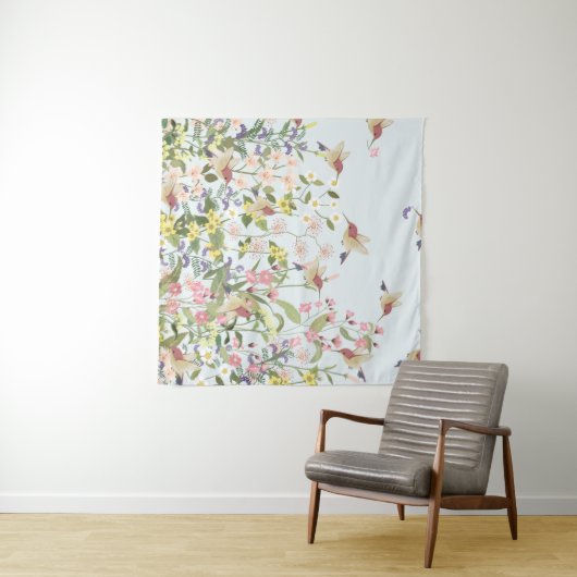 Schöner Kolibri in einer blumengeschmückten Blume Wandteppich (Beispiel (Horizontal))