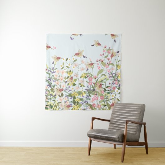 Schöner Kolibri in einer blumengeschmückten Blume Wandteppich (Beispiel)