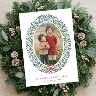 Schöner Kranz und Schleife Weihnachtsfoto Feiertagskarte