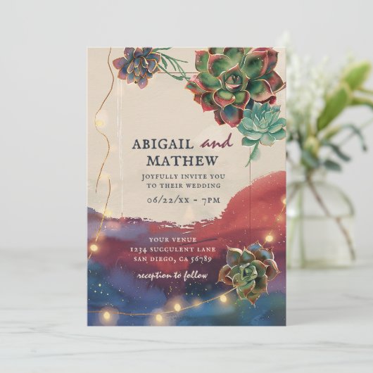 Schöner, kulenter Kakteen Sunset SoCal Wedding Einladung (Stehend Vorderseite)