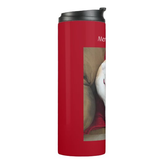 Schöner lächelnder weißer Welpenhund Weihnachten R Thermosbecher (Nach links gedreht)