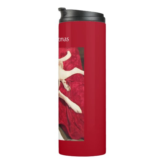 Schöner lächelnder weißer Welpenhund Weihnachten R Thermosbecher (Nach rechts gedreht)