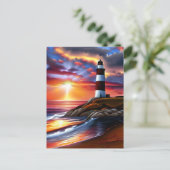 Schöner Leuchtturm, Sonnenuntergang und Meereswell Postkarte (Stehend Vorderseite)