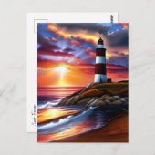 Schöner Leuchtturm, Sonnenuntergang und Meereswell Postkarte (Vorne/Hinten)