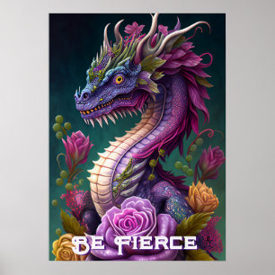 Schöner Lila Drache und Blume Poster