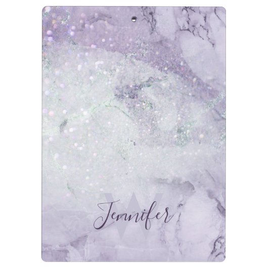 Schöner Lila Marmor und Glitzer Mit Monogramm Klemmbrett (Rückseite)