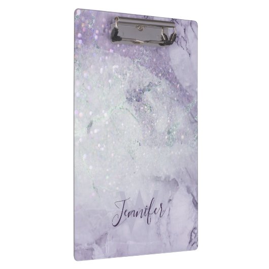 Schöner Lila Marmor und Glitzer Mit Monogramm Klemmbrett (Rechts)