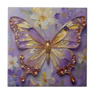 Schöner lila Schmetterling und Blumen Fliese