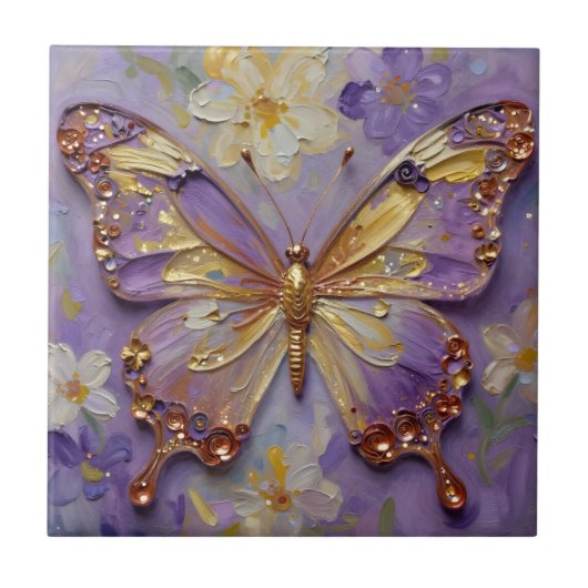 Schöner lila Schmetterling und Blumen Fliese (Vorderseite)