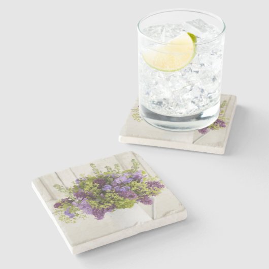 Schöner lila und grüner Blumenblumenstrauß Steinuntersetzer (Seitenansicht)