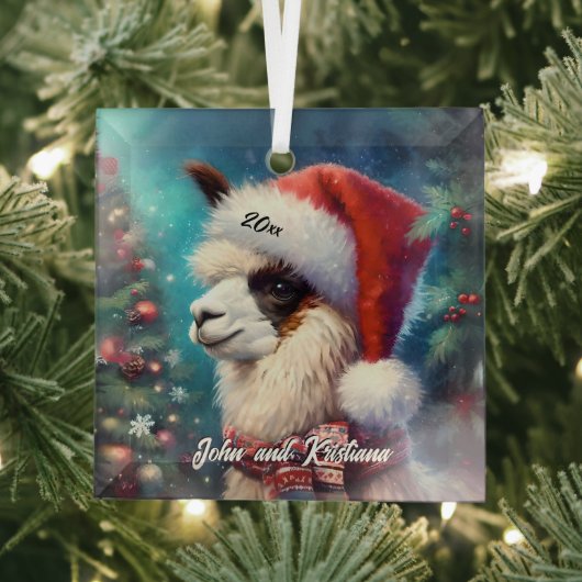 Schöner Llama in einer Weihnachtsmannmütze Ornament Aus Glas (Insitu)