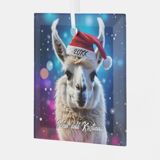 Schöner Llama in einer Weihnachtsmannmütze Ornament Aus Glas (Vorderseite links)