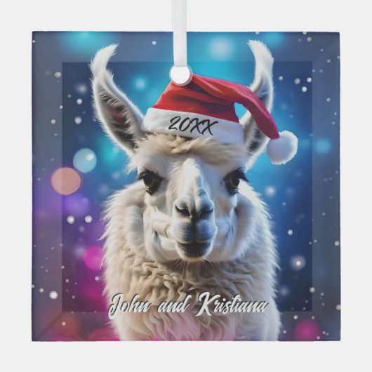 Schöner Llama in einer Weihnachtsmannmütze Ornament Aus Glas (Vorderseite)