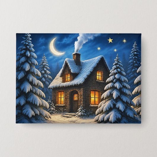 Schöner magischer Weihnachtswald und Haus Button (Vorderseite)