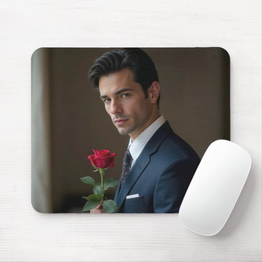 Schöner Mann mit Rote Rose Mousepad (Mit Mouse)
