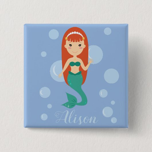 Schöner Meerjungfrau Cartoon individuelle Name Tex Button (Vorderseite)