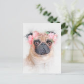 Schöner Mops Blume Crown Portrait Postkarte (Stehend Vorderseite)