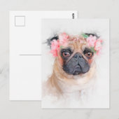 Schöner Mops Blume Crown Portrait Postkarte (Vorne/Hinten)