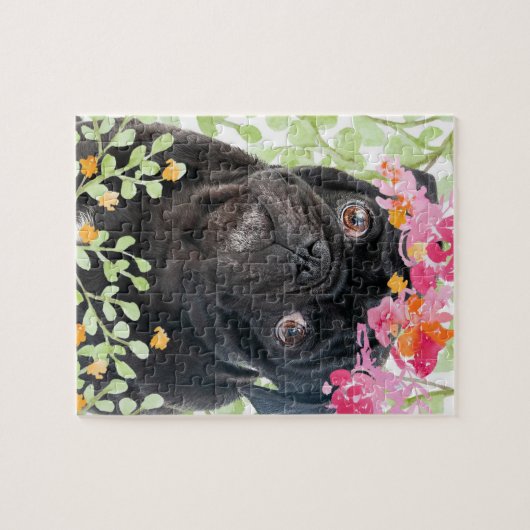 Schöner Mops mit Aquarellfarben-Blume Puzzle (Horizontal)