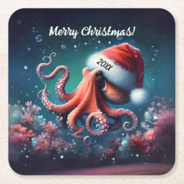 Schöner Oktopus in Weihnachtsmannmütze Rechteckiger Pappuntersetzer